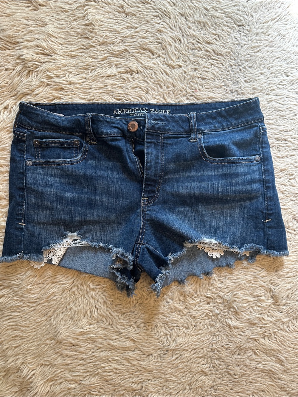 American Eagle Outfitters Blue Denim Lace-Trim Cutoff Shorts